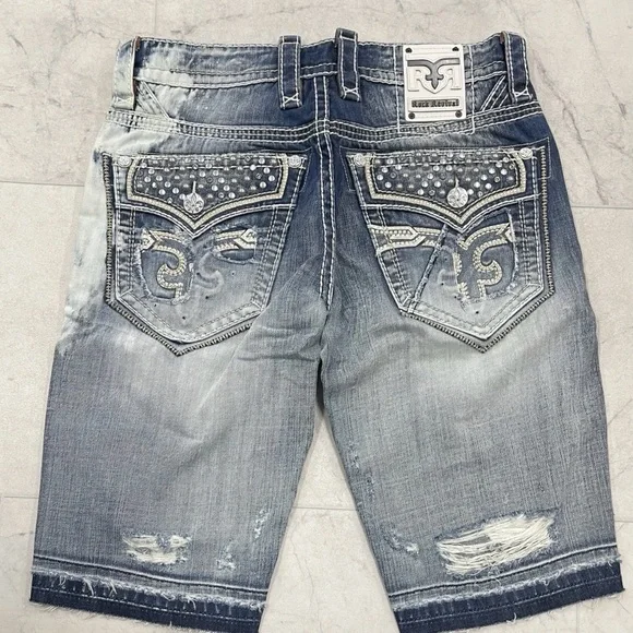 (RV-8)New Rock Revival Men's Monte Studded Distress Denim Shorts In Blue Size:32 - Picture 3 of 5